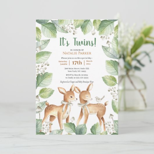 Woodland Deer Floral Greenery Twins Baby shower Kaart (Staand voorkant)