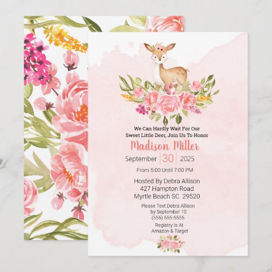 Woodland Deer Floral Pink Baby shower Invitation Kaart (Voorkant / Achterkant)