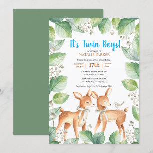 Woodland Deer Floral Twin Boys Baby shower Kaart