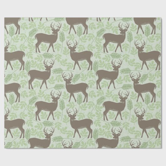 Woodland Deer Foliage Green Brown Pattern Cadeaupapier (Vlak)