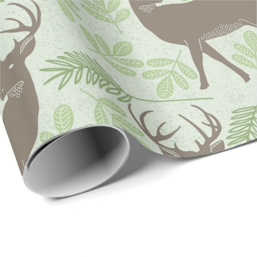 Woodland Deer Foliage Green Brown Pattern Cadeaupapier (Rol Hoek)