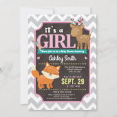 Woodland Deer & Fox Baby shower Invitation Girl Kaart (Voorkant)