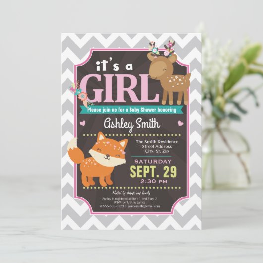 Woodland Deer & Fox Baby shower Invitation Girl Kaart (Staand voorkant)