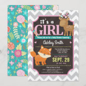 Woodland Deer & Fox Baby shower Invitation Girl Kaart (Voorkant / Achterkant)