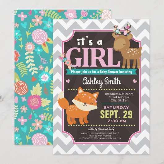 Woodland Deer & Fox Baby shower Invitation Girl Kaart (Voorkant / Achterkant)