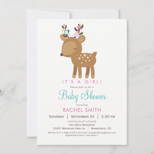 Woodland Deer Girl Baby shower Uitnodiging (Voorkant)