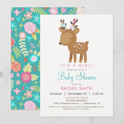 Woodland Deer Girl Baby shower Uitnodiging (Voorkant / Achterkant)