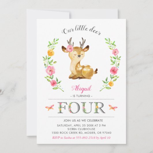 Woodland Deer Girl Floral 4e vierde verjaardag Kaart (Voorkant)