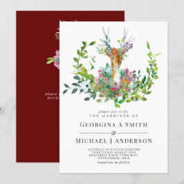 Woodland Deer Illustrated Burgundy Wedding Kaart