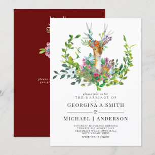 Woodland Deer Illustrated Burgundy Wedding Kaart
