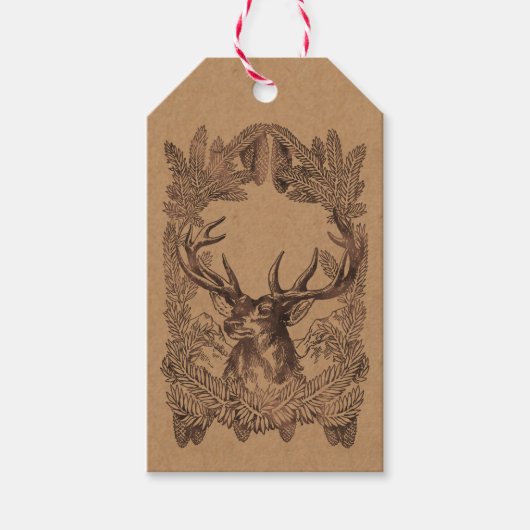 Woodland Deer Kerstmis Rustic Kraft Forest Tartan Cadeaulabel (Voorkant)