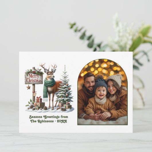 Woodland Deer Merry Christmas Rustic Forest Photo Feestdagenkaart (Staand voorkant)