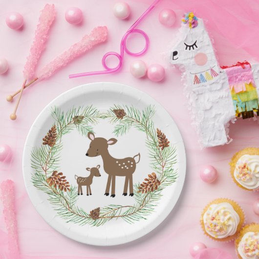 Woodland Deer Pine Cone Baby shower Papieren Bordje (Feest)