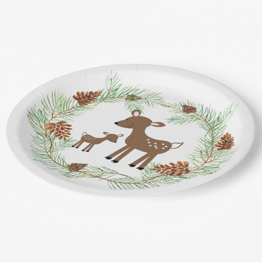 Woodland Deer Pine Cone Baby shower Papieren Bordje (Gekanteld)