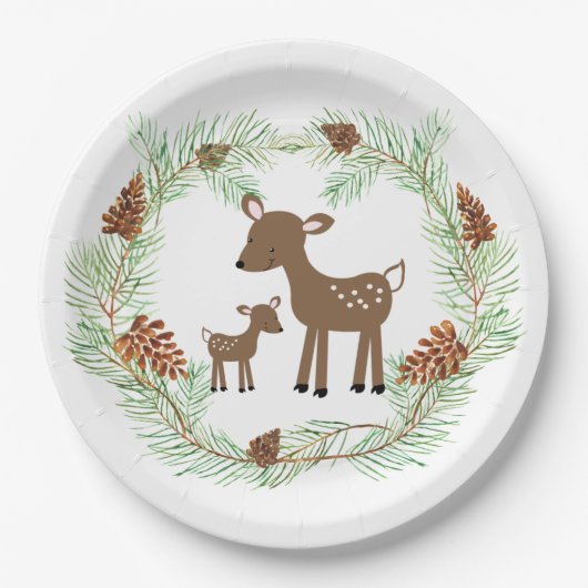 Woodland Deer Pine Cone Baby shower Papieren Bordje (Voorkant)