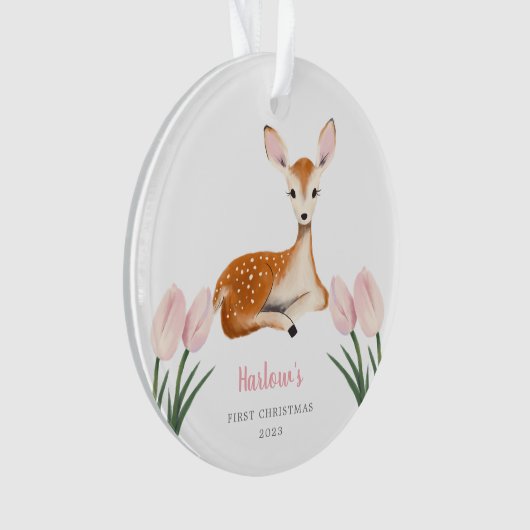 Woodland Deer Pink Baby's First Christmas Ornament (voorkant)