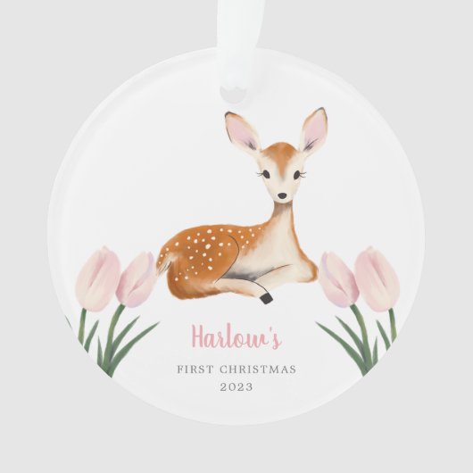 Woodland Deer Pink Baby's First Christmas Ornament (voorkant)