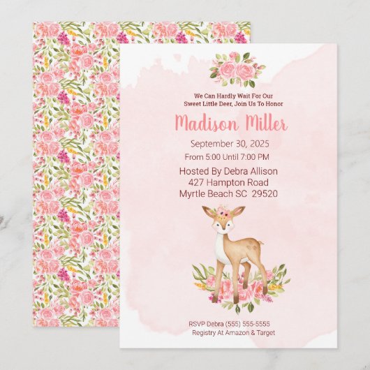 Woodland Deer Pink Floral Baby shower Invitati Kaart (Voorkant / Achterkant)