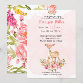 Woodland Deer Pink Floral Baby shower Kaart