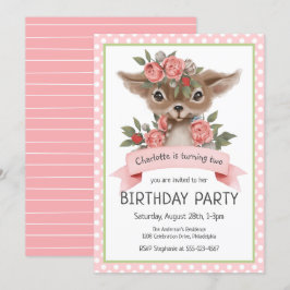Woodland Deer Pink Girl's Birthday Party Kaart