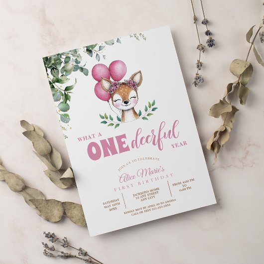 Woodland Deer Roze groen meisje Eerste Verjaardag Kaart