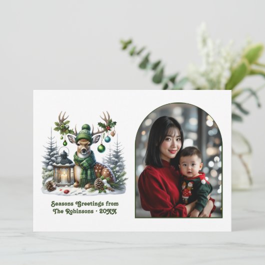 Woodland Deer Rustic Christmas Forest Animal Photo Feestdagenkaart (Staand voorkant)
