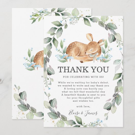 Woodland Deer Rustic Greenery Boy Baby shower Bedankkaart (Voorkant / Achterkant)