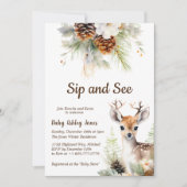 Woodland Deer Sip and See Baby shower Invitation Kaart (Voorkant)