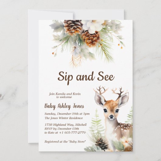 Woodland Deer Sip and See Baby shower Invitation Kaart (Voorkant)