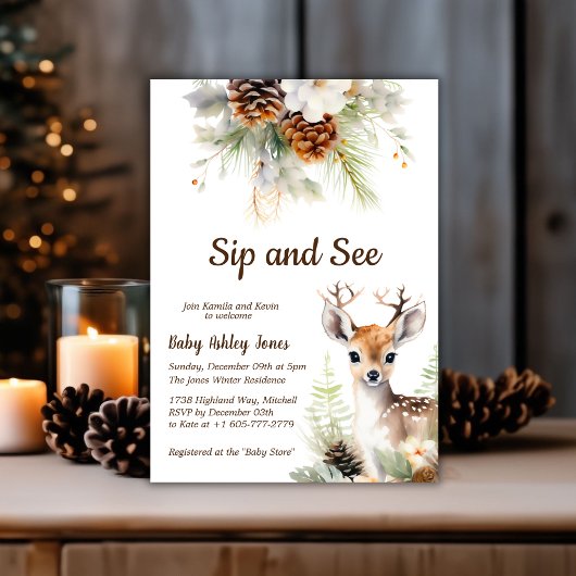 Woodland Deer Sip and See Baby shower Invitation Kaart