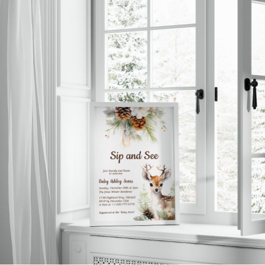 Woodland Deer Sip and See Baby shower Invitation Kaart