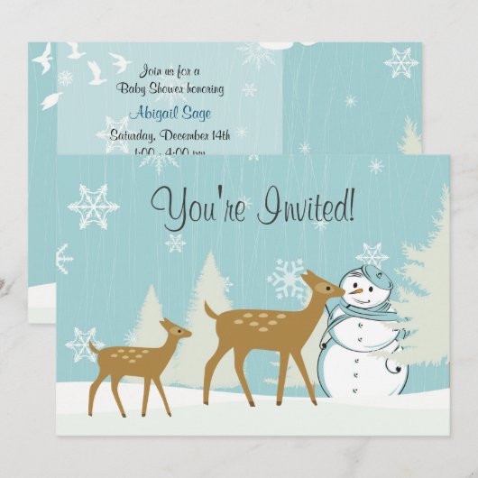 Woodland Deer ~ Snowman Winter Baby shower Uitnodi Kaart (Voorkant / Achterkant)