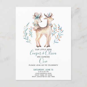 Woodland Deer Twins Baby's eerste 1e verjaardag Uitnodiging Briefkaart