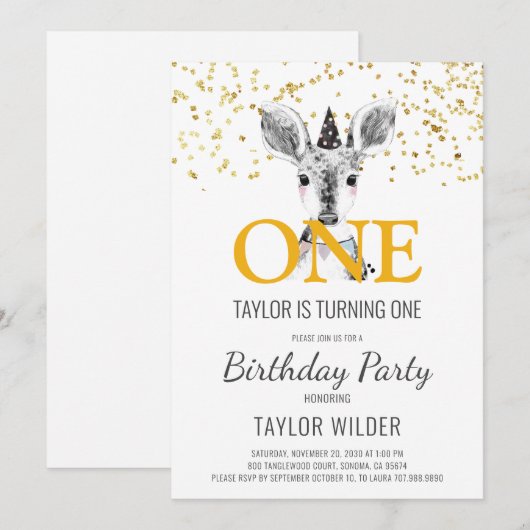 Woodland Deer Waterverf 1e verjaardag Uitnodiging (Voorkant / Achterkant)