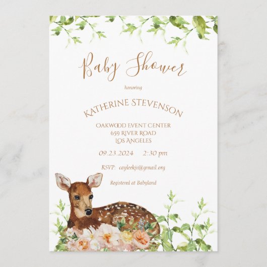 Woodland Deer Waterverf Floral Baby shower Kaart (Voorkant)
