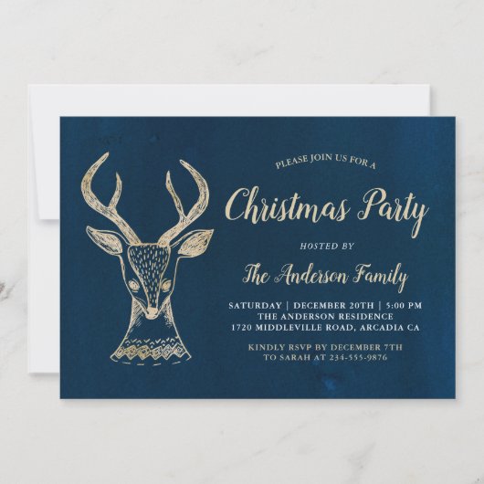 Woodland Deer Waterverf Navy Gold-kerstfeest Kaart (Voorkant)
