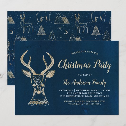 Woodland Deer Waterverf Navy Gold-kerstfeest Kaart (Voorkant / Achterkant)