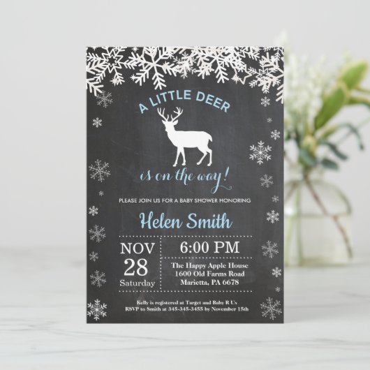 Woodland Deer Winter Boy Baby shower Uitnodiging (Staand voorkant)