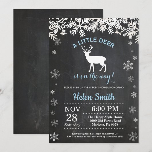 Woodland Deer Winter Boy Baby shower Uitnodiging (Voorkant / Achterkant)