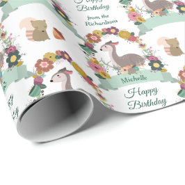 Woodland Deer Wreath Happy Birthday Cadeaupapier