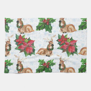Woodland Deers in Waterverf kerst Theedoek