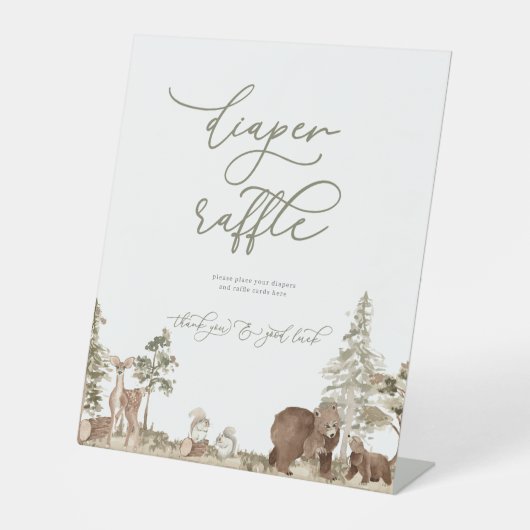 Woodland Diaper Raffle Baby shower teken Reclamebord Met Voetstuk (Voorkant)