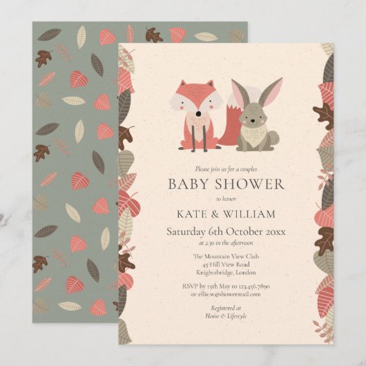 Woodland Dieren Couples Baby Shower Traktatie Kaart (Voorkant / Achterkant)