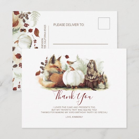 Woodland Dieren en Pompoen Verjaardag Dank u Briefkaart (Voorkant / Achterkant)