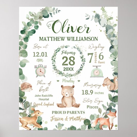 Woodland Dieren Groen Baby Geboorte Print Statisti (Voorkant)