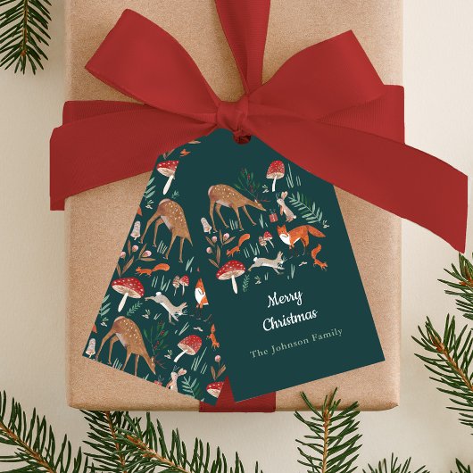 Woodland Dieren Groen Kerstfeest Cadeaulabel