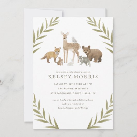 Woodland Dieren Groene Baby Shower Uitnodiging (Voorkant)