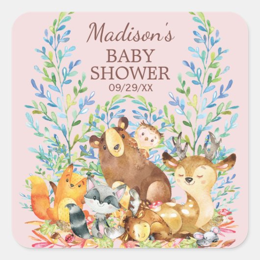 Woodland Dieren Meisjes Baby shower Favor Sticker (Voorkant)