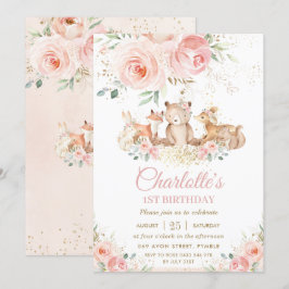 Woodland Dieren Roze Bloemen Goud Meisje Verjaarda Kaart