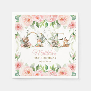 Woodland Dieren Roze Bloemen Meisje 1e Verjaardag Servet